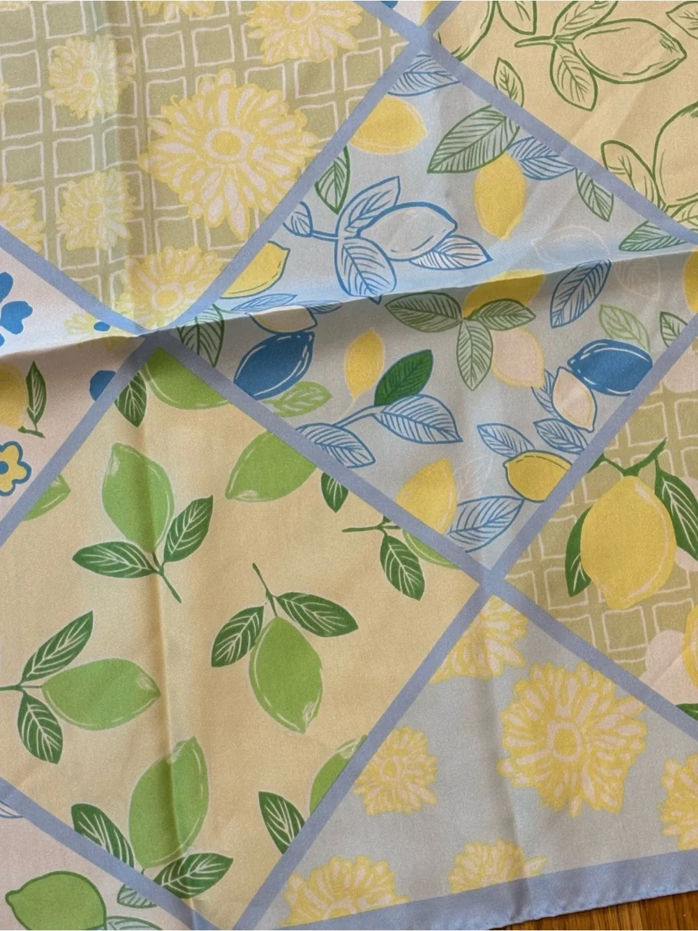 Lemon & Lime print Scarf 21” Square, Yellow Green Blue Pastels Patchwork design